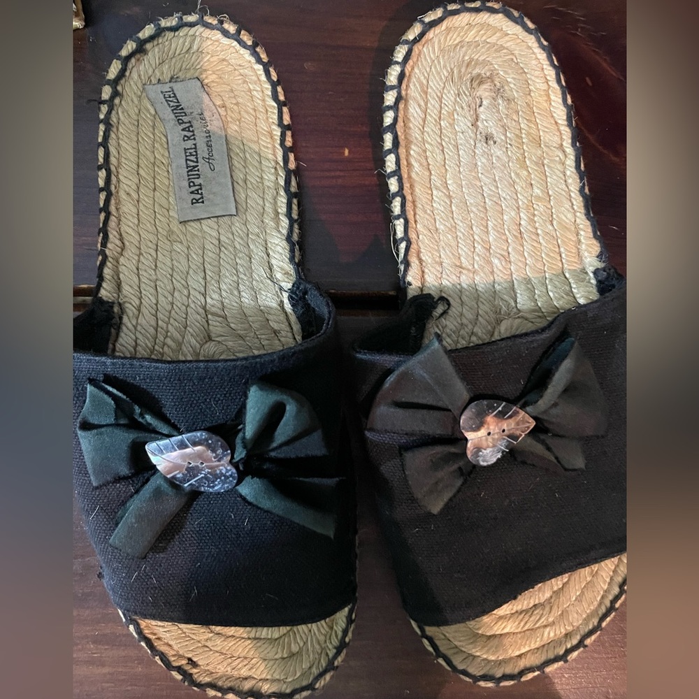Lightly worn slide-on espadrilles - black linen with heart button/bow